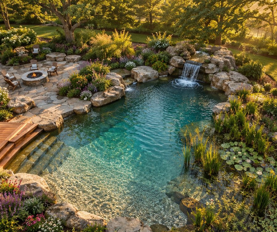 Aerial view of a finished natural pool, patio and garden